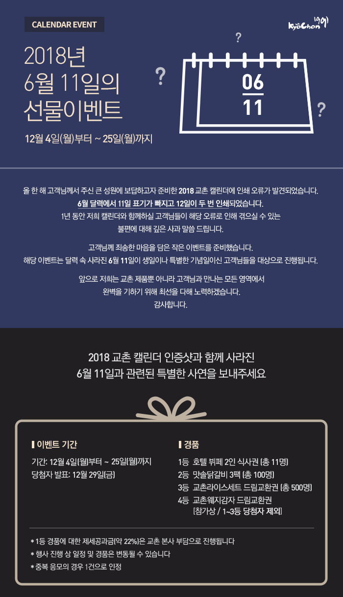 CALENDAR EVENT

2018년 6월 11일의 선물이벤트

12월 4일(월) ~ 25일(월)까지

올 한 해 고객님들이 주신 크나 큰 사랑에 보답하고자 준비한 2018 교촌 캘린더에 인쇄 오류가 발견되었습니다. 
6월 달력에서 11일 표기가 빠지고 12일이 두 번 인쇄되었습니다. 
철저히 검수를 하지 못한 저희의 잘못으로 1년 동안 캘린더를 사용하실 고객님들께 누를 끼치게 되어 
그 죄송한 마음을 숨길 수가 없습니다. 

이에 교촌은 고객님들의 너그러운 양해를 부탁 드리며, 작은 이벤트를 준비했습니다. 
사라진 6월 11일에 빨간 동그라미로 생일이나 
특별한 기념일을 표기할 수 없게 된 고객님들을 대상으로 진행됩니다.

앞으로 고객님들께 전달되는 모든 것에는 작은 실수도 용납하지 않는 자세로 최선을 다해 준비하겠습니다. 
다시 한 번 넓은 아량으로 양해를 부탁 드립니다. 감사합니다.  

2018 교촌 캘린더 인증샷과 함께 사라진 
6월 11일과 관련된 특별한 사연을 보내주세요 

이벤트 기간
기간: 12월 4일(월) ~ 25일(월)까지
당첨자 발표: 12월 29일(금)

경품
1등  호텔 뷔페 2인 식사권 (총 11명)
2등  맛솔닭갈비 3팩 (총 100명)
3등  교촌라이스세트 드림교환권 (총 500명)
4등  웨지감자 드림교환권 (참가상)

* 1등 경품에 대한 제세공과금(약22%)는 교촌 본사 부담으로 진행됩니다
* 행사 진행 상 일정 및 경품은 변동될 수 있습니다
* 중복 응모의 경우 1건으로 인정

(이벤트 참여하기)