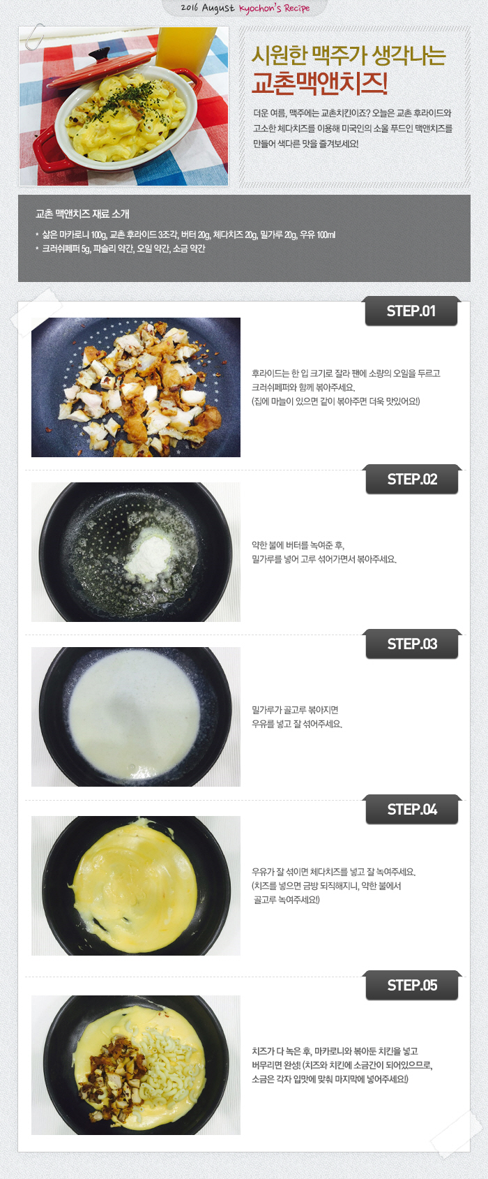 

2016 August Kyochon`s Recipe

시원한 맥주가 생각나는 교촌맥앤치즈!
더운 여름, 맥주에는 교촌치킨이죠? 오늘은 교촌 후라이드와 고소한 체다치즈를 이용해 미국인의 소울 푸드인 맥앤치즈를 만들어 색다른 맛의 맥앤치즈를 즐겨보세요!

교촌 맥앤치즈 재료 소개
삶은 마카로니 100g, 교촌 후라이드 3조각, 버터 20g, 체다치즈 20g, 밀가루 20g, 우유 100ml, 크러쉬페퍼 5g, 파슬리 약간, 오일 약간, 소금 약간

STEP.01 후라이드는 한 입 크기로 잘라 팬에 소량의 오일을 두르고 크러쉬페퍼와 함께 볶아주세요.(집에 마늘이 있으면 같이 볶아주면 더욱 맛있어요!)
STEP.02 약한 불에 버터가 녹여준 후, 밀가루를 넣어 고루 섞어가면서 볶아주세요.
STEP.03 밀가루가 골고루 볶아지면 우유를 넣고 잘 섞어주세요.
STEP.04 우유가 잘 섞이면 체다치즈를 넣고 잘 녹여주세요.(치즈를 넣으면 금방 되직해지니, 약한 불에서 골고루 녹여주세요!)
STEP.05 치즈가 다 녹은 후, 마카로니와 볶아둔 치킨을 넣고 버무리면 완성!(치즈와 치킨에 소금간이 되어있으므로, 소금은 각자 입맛에 맞춰 마지막에 넣어주세요!)  

