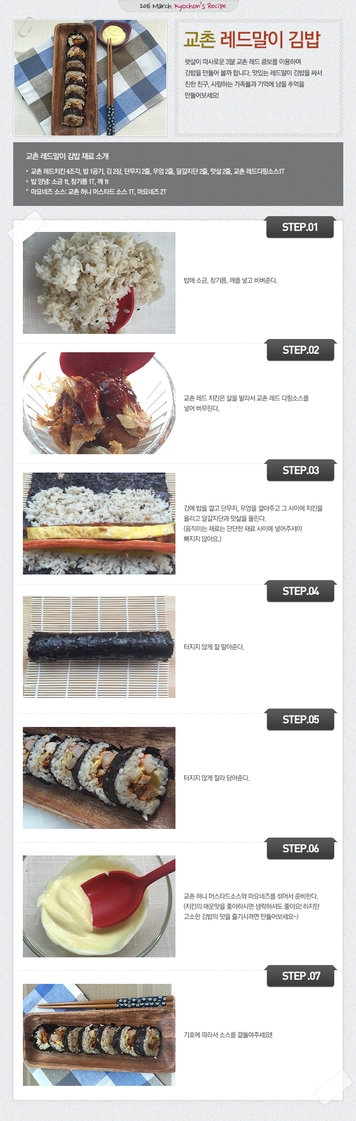 2016 March kyochon`s Recipe
교촌 레드말이 김밥
햇살이 따사로운 3월! 교촌 레드 콤보를 이용하여 김밥을 만들어 볼까 합니다.맛있는 레드말이 김밥을 싸서 친한 친구, 사랑하는 가족들과 기억에 남을 추억을 만들어보세요!
교촌 레드말이 김밥 재료 소개
교촌 레드치킨 4조각, 밥 1공기, 김 2장, 단무지 2줄, 우엉 2줄, 달걀지단 2줄, 맛살 2줄, 교촌 레드디핑소스1T
밥 양념: 소금 1t, 참기름 1T, 깨 1t
마요네즈 소스: 교촌 허니 머스타드 소스 1T, 마요네즈 2T
STEP.01 밥에 소금, 참기름, 깨를 넣고 비벼준다.
STEP.02 교촌 레드 치킨은 살을 발라서 교촌 레드 디핑소스를 넣어 버무린다.
STEP.03 김에 밥을 깔고 단무지, 우엉을 깔아주고 그 사이에 치킨을 올리고 달걀지단과 맛살을 올린다.(움직이는 재료는 단단한 재료 사이에 넣어주셔야 빠지지 않아요.)
STEP.04 터지지 않게 잘 말아준다.
STEP.05 터지지 않게 잘라 담아준다.
STEP.06 교촌 허니 머스타드소스와 마요네즈를 섞어서 준비한다.(치킨의 매운맛을 좋아하시면 생략하셔도 좋아요! 하지만 고소한 김밥의 맛을 즐기시려면 만들어보세요~)
STEP.07 기호에 따라서 소스를 곁들여주세요!!