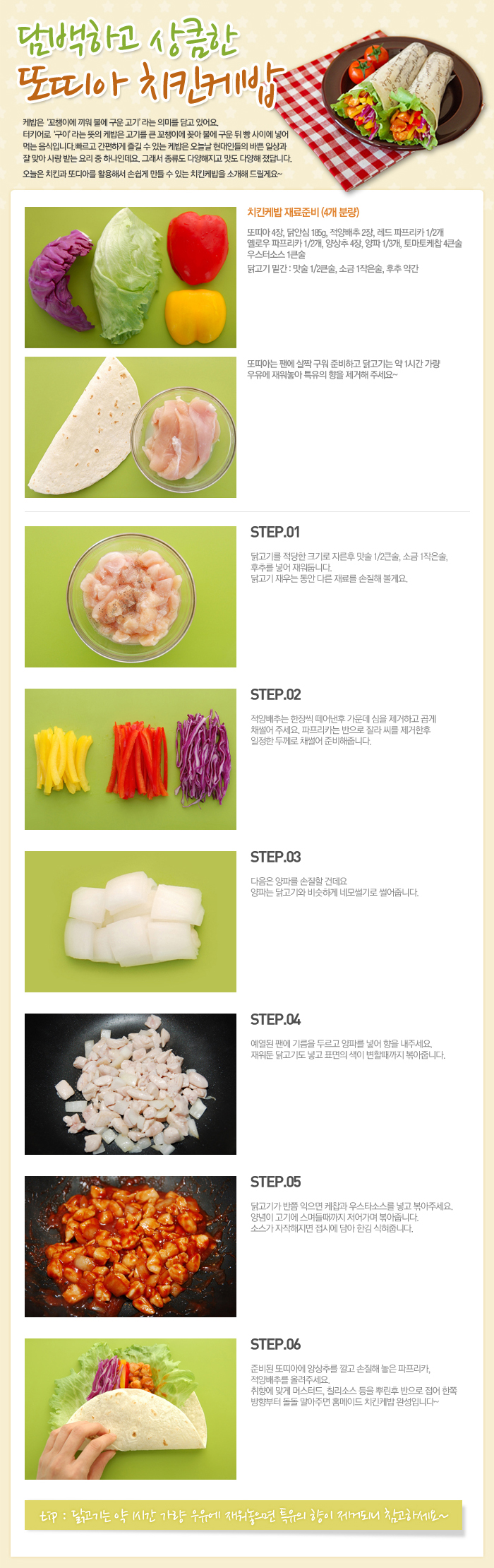담백하고 상큼한 또띠아 치킨케밥 
케밥은 꼬챙이에 끼워 불에 구운 고기라는 의미를 담고 있어요 터키어로 구이라는 뜻의 케밥은 고기를 큰 꼬챙이에 꽂아 불에 구운 뒤 빵 사이에 넣어 먹는 음식이다. 빠르고 간편하게 즐길 수 있는 케밥은 오늘날 현대인들의 바쁜 일상과 잘 맞아 사랑 받는 요리 중 하나인데요 그래서 종류도 다양해지고 맛도 다양해 졌답니다. 오늘은 치킨과 또띠아를 활용해서 손쉽게 만들수 있는 치킨케밥을 소개해 드릴게요~
치킨케밥 재료준비(4개분량)
또띠아 4장, 닭안심 185g, 적양배추2장, 레드 파프리카 1/2개, 옐로우 파프리카 1/2개, 양상추4장, 양파1/3개, 토마토케찹 4큰술, 우스터소스 1큰술
닭고기밑간: 맛술1/2큰술, 소금1작은술, 후추 약간
또띠아는 팬에 살짝 구워 준비하고 닭고기는 약 1시간 가량 우유에 재워놓아 특유의 향을 제거해 주세요~
STEP.01 닭고기는 적당한 크기로 자른 후 맛술 1/2큰술, 소금1작은술, 후추를 넣어 재워둡니다. 닭고기 재우는 동안 다른 재료를 손질해 볼게요
STEP.02 적양배추는 한장씩 떼어낸 후 가운데 심을 제거하고 곱게 채썰어 주세요 파프리카는 반으로 잘라 씨를 제거한 후 일정한 두께로 채썰어 준비해줍니다.
STEP.03 다음은 양파는 손질할 건데요 양파는 닭고기과 비슷하게 네모썰기로 썰어줍니다.
STEP.04 예열된 팬에 기름을 두르고 양파를 넣어 향을 내주세요. 재워둔 닭고기도 넣고 표면의 색이 변할때까지 볶아줍니다.
STEP.05 닭고기가 반쯤 익으면 케찹과 우스타소스를 넣고 볶아주셍. 양념이 고기에 스며들때까지 저어가며 볶아줍니다. 소스가 자작해지면 접시에 담아 한김 식혀줍니다.
STEP.06 준비된 또띠아에 양상추를 깔고 손질해 놓은 파프리카, 적양배추를 올려주세요. 취향에 맞게 머스터드, 칠리소스 등을 뿌린 후 반으로 접어 한쪽 방향부터 돌돌 말아주면 홈메이드 치킨케밥 완성입니다~
tip: 닭고기는 약 1시간 가량 우유에 재워놓으면 특유의 향이 제거되니 참고하세요~
