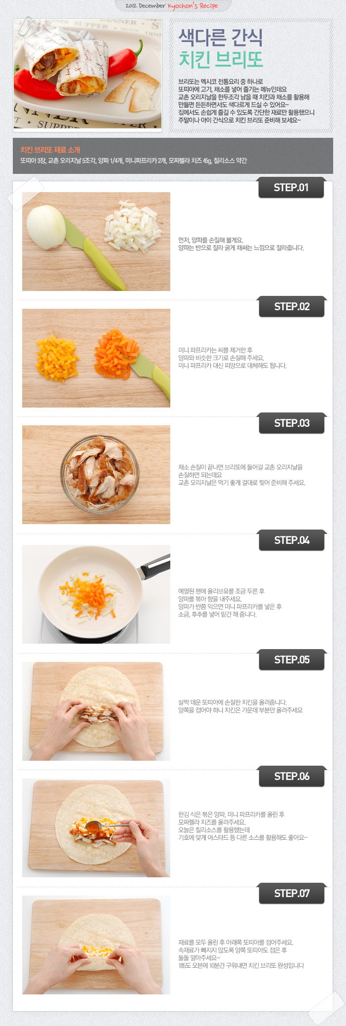 

2012 December kyochon`s Recipe
색다른 간식 치킨 브리또
브리또는 멕시코 전통요리 중 하나로 또띠아에 고기, 채소를 넣어 즐기는 메뉴인데요 교촌 오리지날을 한두조각 남을 때 치킨과 채소를 활용해 만들면 든든하면서도 색다르게 드실 수 있어요~ 집에서도 손쉽게 즐길 수 있도록 간단한 재료만 활용했으니 주말이나 아이 간식으로 치킨 브리또 준비해 보세요~
치킨 브리또 재료 소개
또띠아3장, 교촌 오리지날5조각, 양파1/4개, 미니파프리카2개, 모짜렐라치즈 45g, 칠리소스 약간
STEP.01 먼저, 양파를 손질해 볼게요. 양파는 반으로 잘라 굵게 채써는 느낌으로 잘라줍니다.
STEP.02 미니 파프리카는 씨를 제거한 후 양파와 비슷한 크기로 손질해 주세요. 미니 파프리카 대신 피망으로 대체해도 됩니다.
STEP.03 채소 손질이 끝나면 브리또에 들어갈 교촌 오리지날을 손질하면 되는데요 교촌 오리지날은 먹기 좋게 결대로 찢어 준비해 주세요.
STEP.04 예열된 팬에 올리브유를 조금 두른 후 양파를 볶아 향을 내주세요. 양파가 반쯤 익으면 미니 파프리카를 넣은 후 소금, 후추를 넣어 밑간 해 줍니다.
STEP.05 살짝 데운 또띠아에 손질한 치킨을 올려줍니다. 양쪽을 접어야 하니 치킨은 가운데 부분만 올려주세요.
STEP.06 한김 식은 볶은 양파, 미니 파프리카를 올린 후 모짜렐라 치즈를 올려주세요. 오늘은 칠리소스를 활용했는데 기호에 맞게 머스타드 등 다른 소스를 활용해도 좋아요~
STEP.07 재료를 모두 올린 후 아래쪽 또띠아를 접어주세요. 속재료가 빠지지 않도록 양쪽 또띠아도 접은 후 돌돌 말아주세요~ 185도 오븐에 10분간 구워내면 치킨 브리또 완성입니다.

