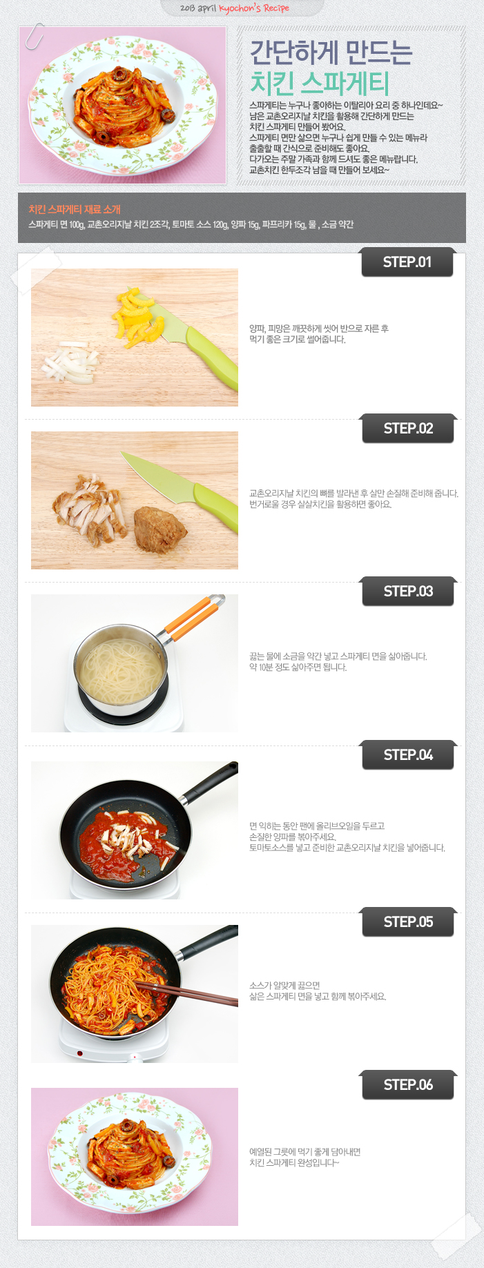 

2013 april kyochon`s Recipe
간단하게 만드는 치킨 스파게티
스파게티는 누구나 좋아하는 이탈리아 요리 중 하나인데요~ 남은 교촌오리지날 치킨을 활용해 간단하게 만드는 치킨 스파게티 만들어봤어요. 스파게티 면만 삶으면 누구나 쉽게 만들 수 잇는 메뉴라 출출할 때 간식으로 준비해도 좋아요. 다가오는 주말 가족과 함께 드셔도 좋은 메뉴랍니다. 교촌치킨 한두조각 남을 때 만들어 보세요~
치킨 스파게티 재료 소개
스파게티 면 100g, 교촌오리지날 치킨 2조각, 토마토 소스 120g, 양파15g, 파프리카15g, 물, 소금약간
STEP.01 양파, 피망은 깨끗하게 씻어 반으로 자른 후 먹기 좋은 크기로 썰어줍니다.
STEP.02 교촌오리지날 치킨의 뼈를 발라낸 후 살만 손질해 준비해 줍니다. 번거로울 경우 살살치킨을 활용하면 좋아요.
STEP.03 끓는 물에 소금을 약간 넣고 스파게티 면을 삶아줍니다. 약 10분정도 삶아주면 됩니다.
STEP.04 면 익히는 동안 팬에 올리브오일을 두르고 손질한 양파를 볶아주세요. 토마토 소스를 넣고 준비한 교촌 오리지날 치킨을 넣어줍니다.
STEP.05 소스가 알맞게 끓으면 삶은 스파게티 면을 넣고 함께 볶아주세요.
STEP.06 예열된 그릇에 먹기 좋게 담아내면 치킨 스파게티 완성입니다~

