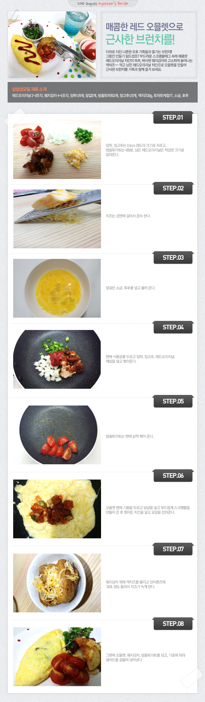 

2014 august kyochon`s Recipe
매콤한 레드 오믈렛으로 근사한 브런치를!
더위로 지친 나른한 오후 가족들과 즐기는 브런치!! 그동한 만들기 힘드셨죠? 부드러운 스크램블에그 속에 매콤한 레드오리지날 치킨이 쏙쏙, 바삭한 웨지감자와 고소하게 늘어나는 잭치즈~~먹고 남은 레드오리지날 치킨으로 오믈렛을 만들어 근사한 브런치를 가족과 함께 즐겨보세요.
레드 오믈렛 재료 소개
레드오리지날 2~3조각, 웨지감자 4~5조각, 양파1/8개, 달걀2개, 방울토마토3개, 청고추1/2개, 잭치즈20g,토마토케찹1T, 소금, 후추
STEP.01 양파, 청고추는 0.5m 정도의 크기로 자르고, 방울토마토는 4등분, 남은 레드오리지날은 적당한 크기로 잘라준다.
STEP.02 치즈는 강판에 갈아서 준비 한다.
STEP.03 달걀은 소금, 후추를 넣고 풀어 준다.
STEP.04 팬에 식용유를 두르고 양파, 청고추, 레드오리지날, 케찹을 넣고 볶아준다.
STEP.05 방울토마토는 팬에 살짝 볶아 준다.
STEP.06 오믈렛 팬에 기름을 두르고 달걀을 넣고 부드럽게 스크램블을 만들어 준 후 볶아둔 치킨을 넣고 모양을 잡아준다.
STEP.07 웨지감자 위에 잭치즈를 올리고 전자렌즈에 30초 정도 돌려서 치즈가 녹게 한다.
STEP.08 그릇에 오믈렛, 웨지감자, 방울토마토를 담고, 기호에 따라 샐러드를 곁들여 담아낸다.


