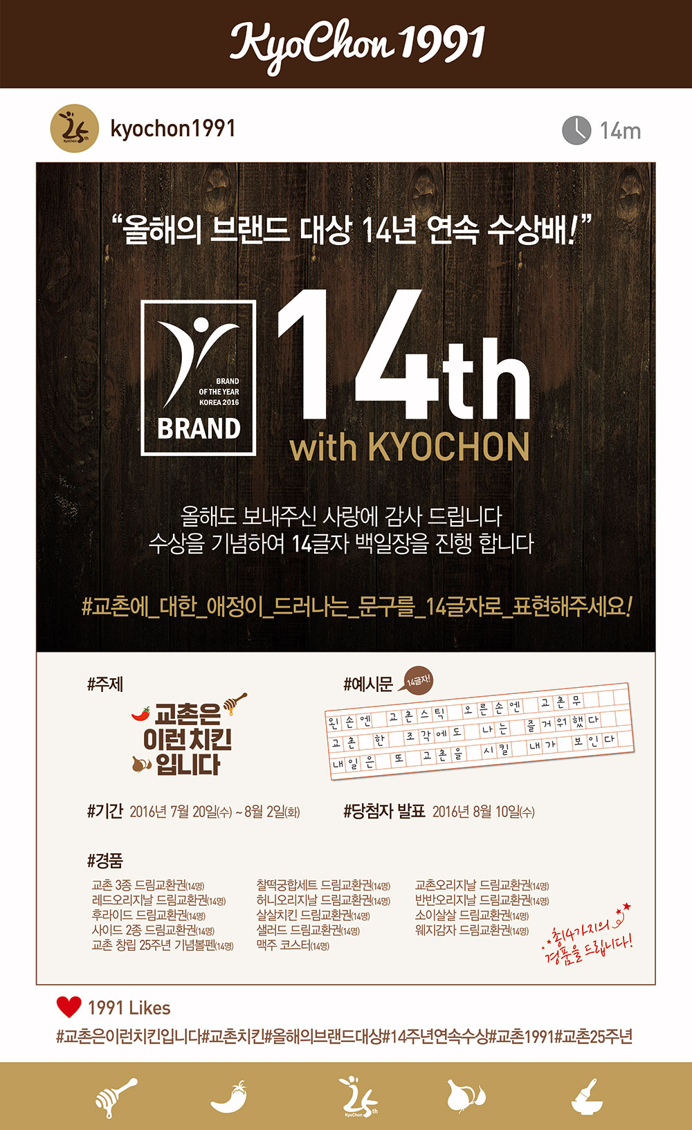 KyoChon 1991
kyochon1991 14m
올해의 브랜드 대상 14년 연속 수상배!
BRAND OF THE YEAR KOREA 201614th with KYOCHON 
올해도 보내주신 사랑에 감사 드립니다. 수상을 기념하여 14글자 백일장을 진행합니다.
#교촌에_대한_애정이_드러나는_문구를_14글자로_표현해주세요!

#주제: 교촌은 이런 치킨입니다.
#예시문(14글자!): 왼손엔 교촌스틱 오른손에 교촌무 교촌 한 조각에도 나는 즐거워했다 내일은 또 교촌을 치킬 내가 보인다
#기간: 2016년 07월 20일(수) ~ 2016년 08월 02일(화)
#당첨자발표: 2016년 08월 10일(수)
#경품: 교촌 3종 드림교환권(14명), 찰떡궁합세트 드림교환권(14명), 교촌오리지날 드림교환권(14명), 레드오리지날 드림교환권(14명), 허니오리지날 드림교환권(14명), 반반오리지날 드림교환권(14명), 후라이드 드림교환권(14명), 살살치킨 드림교환권(14명), 소이살살 드림교환권(14명), 사이드 2종 드림교환권(14명), 샐러드 드림교환권(14명), 웨지감자 드림교환권(14명), 교촌 창립 25주년 기념볼펜 (14명), 맥주 코스터(14명)
총14가지의 경품을 드립니다!
1991 Likes #교촌은이런치킨입니다#교촌치킨#올해의브랜드대상#14주년연속수상#교촌1991#교촌25주년