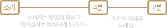 조리 소시지는 맛있게 익히고 웨지감자는 바삭하게 튀기기~ -4분 / 신선한 야채와 드레싱~ -2분